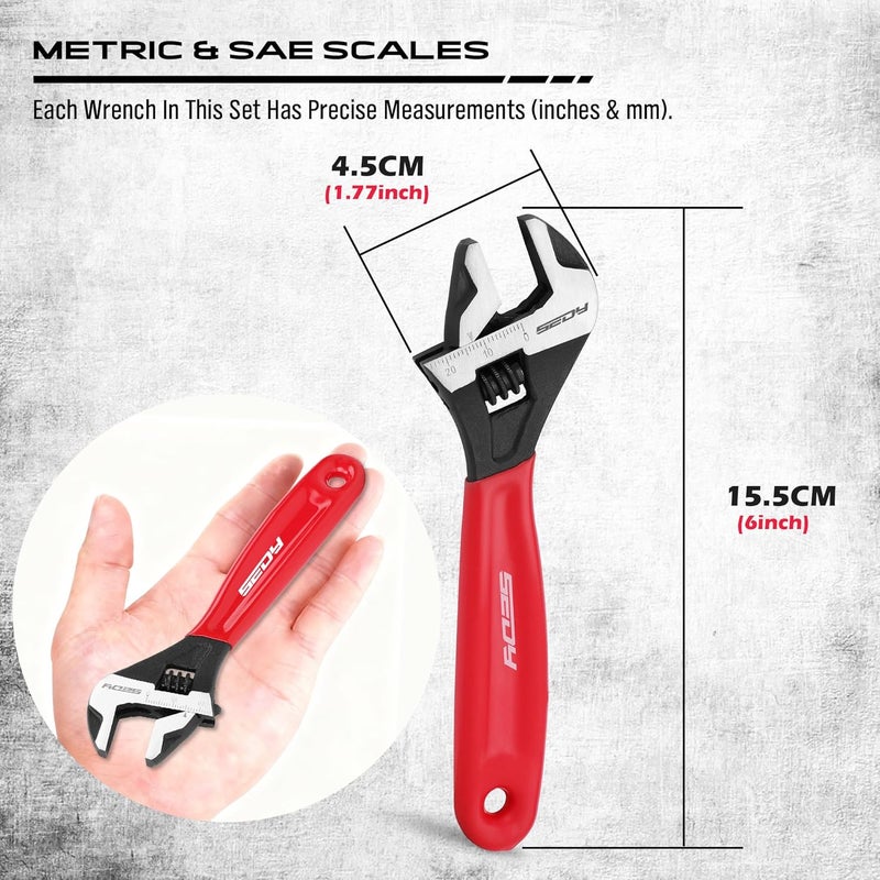 SEDY 6" Adjustable Wrench Pipe Spanner: Wide Jaw Black Oxide Wrench With Cushion Grip, Laser Marked Metric & SAE Scales, CR-V Steel, for Professionals - Image 2